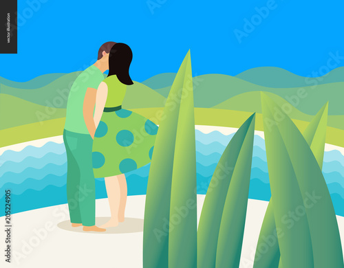 Kissing scene - flat cartoon vector illustration of young couple, boyfriend and girlfriend, kissing on beach, romantic scene with green hills, sea, water and mounains on the background - composition photo