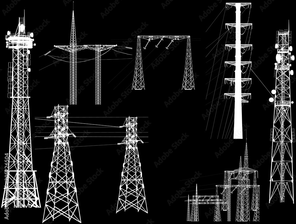 Fototapeta premium set of electrical towers silhouettes isolated on black