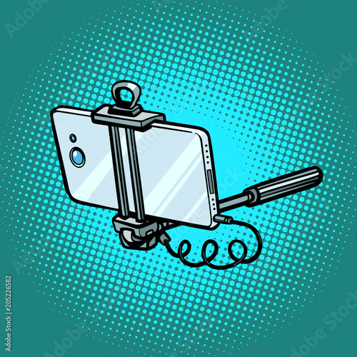 monopod with smartphone, gadgets and technician