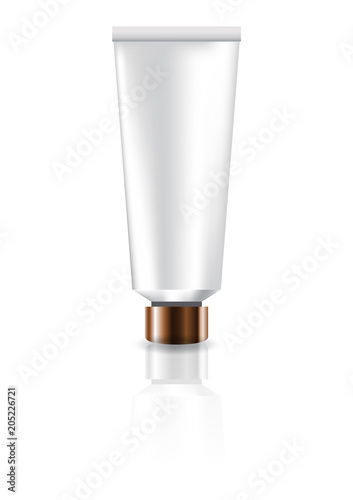 Blank white cosmetic tube with copper lid for beauty product packaging. Isolated on white background with reflection shadow. Ready to use for package design. Vector illustration.