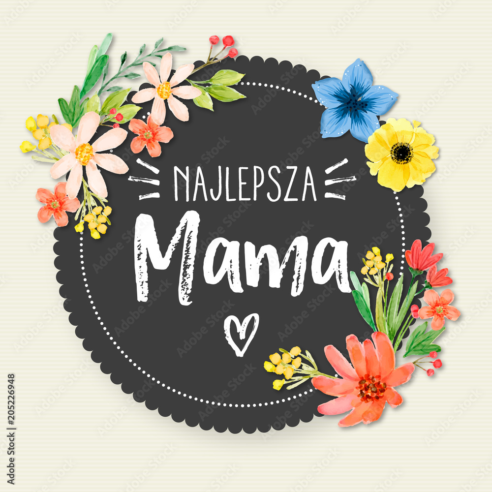 Fototapeta Dzień Matki 26 Maja - kartka, kwiaty oraz napis 