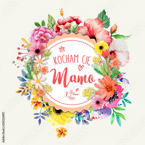 Dzień Matki 26 Maja - kartka z napisem "Kocham Cię Mamo" oraz motywem kwiatowym