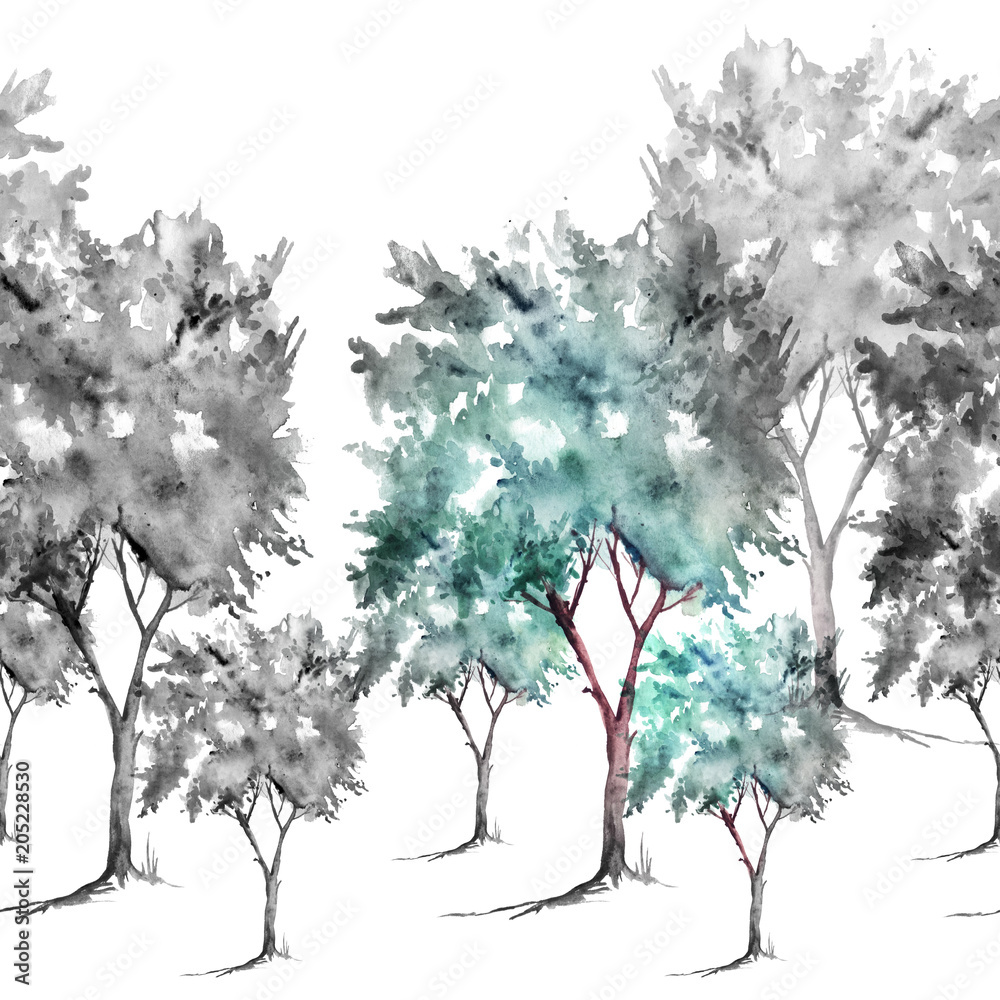 Obraz Bezszwowe granica liniowa akwarela. Rysowanie krajobrazu lasu, drzew, krzewów. Las, wieś, drewno, krzew. Atrament, czarny, zielony i biały, grunge.