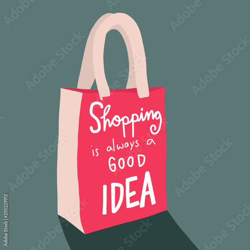 Shopping is always good idea word on red shopping bag cartoon vector illustration