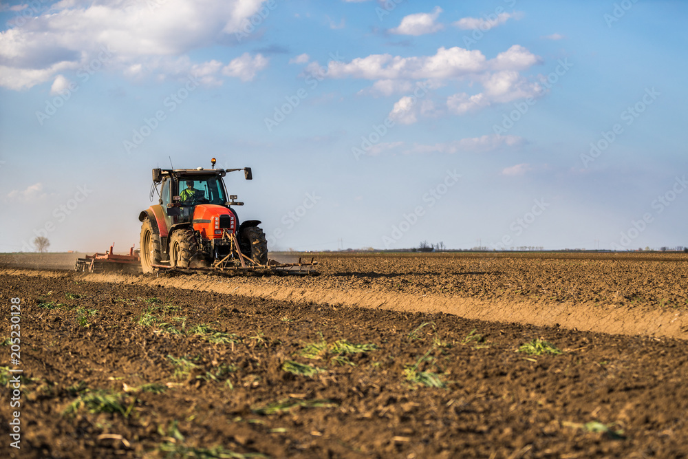 Fototapeta premium Farmer in tractor preparing land with seedbed cultivator as part of pre seeding activities in early spring season of agricultural works at farmlands.