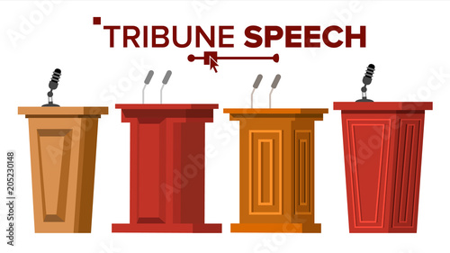 Tribune Set Vector. Podium Rostrum Stand With Microphones. Business Presentation Or Conference, Debate Speech. Flat Cartoon Illustration