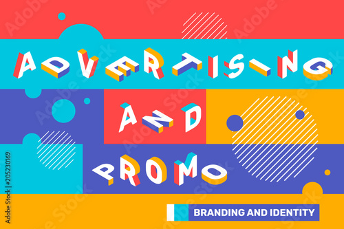 Advertising and promo concept on bright color background with abstract element. Isometric template design for business banner.