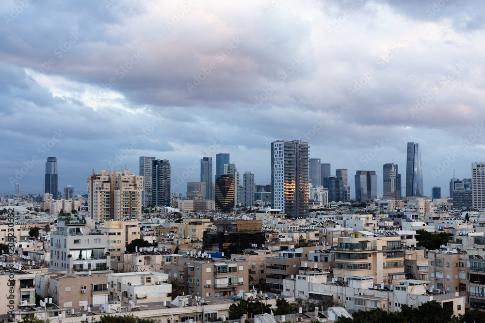 clouds over the skyscrapers Tel Aviv Israel. sunset