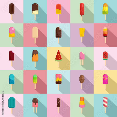Popsicle ice cream stick icons set. Flat illustration of 25 popsicle ice cream stick vector icons for web