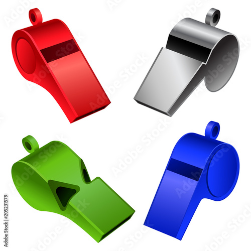 Whistle coaching blow mockup set. Realistic illustration of 4 whistle coaching blow mockups for web