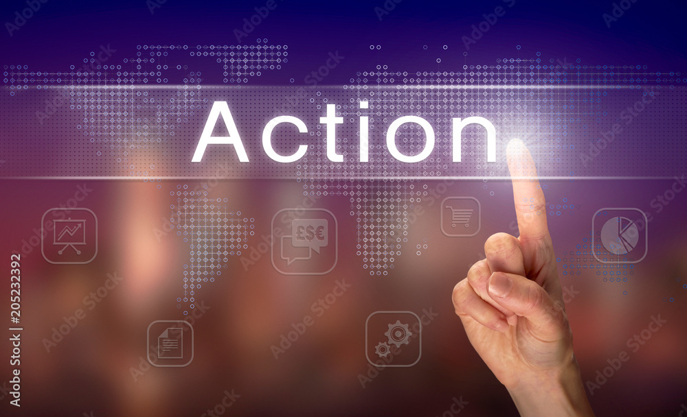 A hand selecting a Action business concept on a clear screen with a colorful blurred background. A hand selecting a Action business concept on a clear screen with a colorful blurred background.
