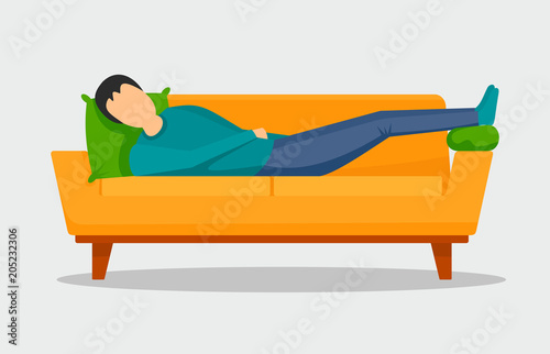 Man sleeping at sofa banner horizontal. Flat illustration of vector man sleeping at sofa banner horizontal for web design