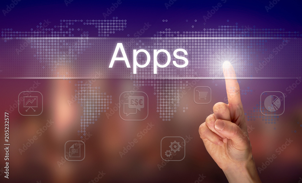 A hand selecting a Apps business concept on a clear screen with a colorful blurred background. A hand selecting a Apps business concept on a clear screen with a colorful blurred background.