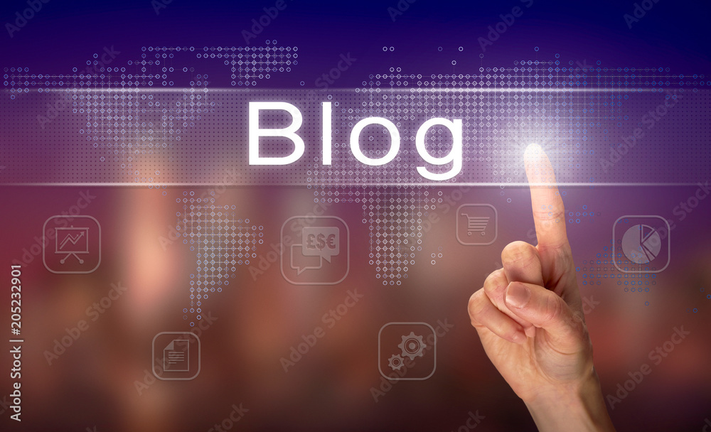 A hand selecting a Blog business concept on a clear screen with a colorful blurred background. A hand selecting a Blog business concept on a clear screen with a colorful blurred background.