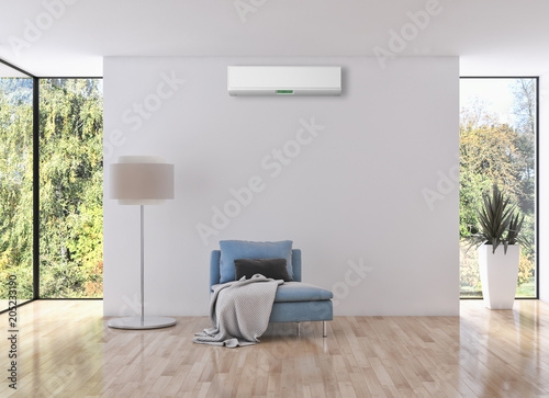 Modern interior apartment with air conditioning 3D rendering illustration