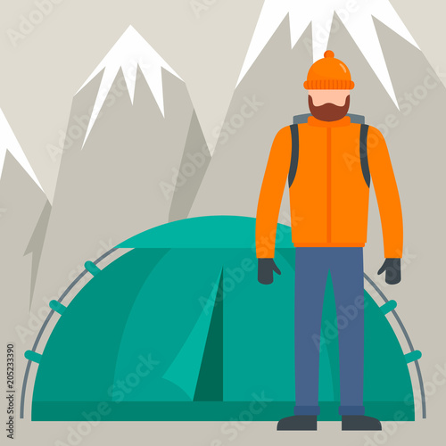 Hiker man near tent mountain background. Flat illustration of hiker man near tent mountain vector background for web design