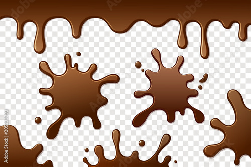 Chocolate splashes isolated on transparent background. Coffee or cacao brown splash. Decorative Flowing chocolate. Vector design element for advertising, packaging, poster, menu. Eps 10.