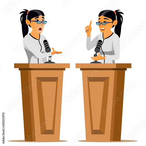 Speaker Woman Vector. Business Woman, Politician Giving Speech. Rostrum. Candidate. Isolated Flat Cartoon Character Illustration