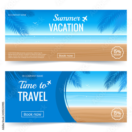 Summer vacation horizontal banner. Colorful Background with beach, palm leaves and sea. Travel offer template. Coupon with summer decoration. Vector eps 10.