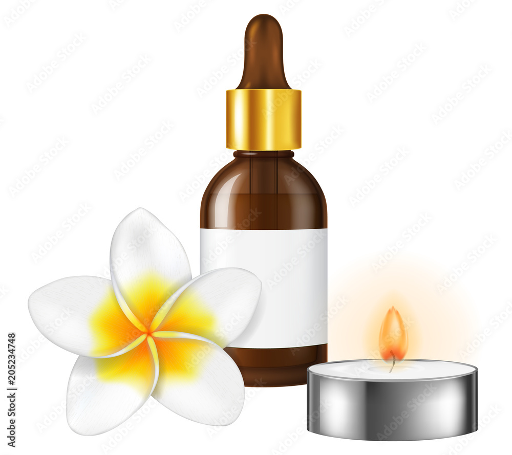 Aromatherapy illustration with a frangipani flower, a bottle of essential oil and a candle. Vector illustration. Aromatherapy illustration with a frangipani flower, a bottle of essential oil and a candle. Vector illustration.