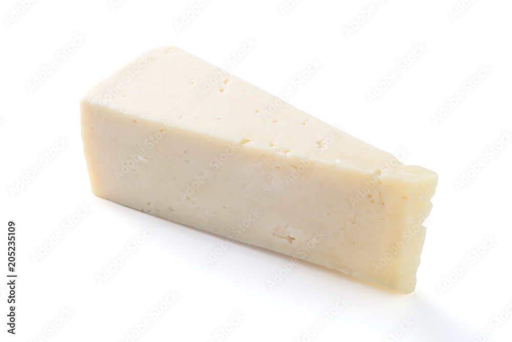 Semi hard cheese piece on a white background