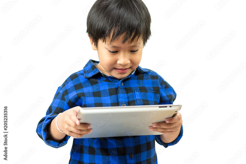 Kids playing tablet over background is white. Kids playing tablet over background is white.
