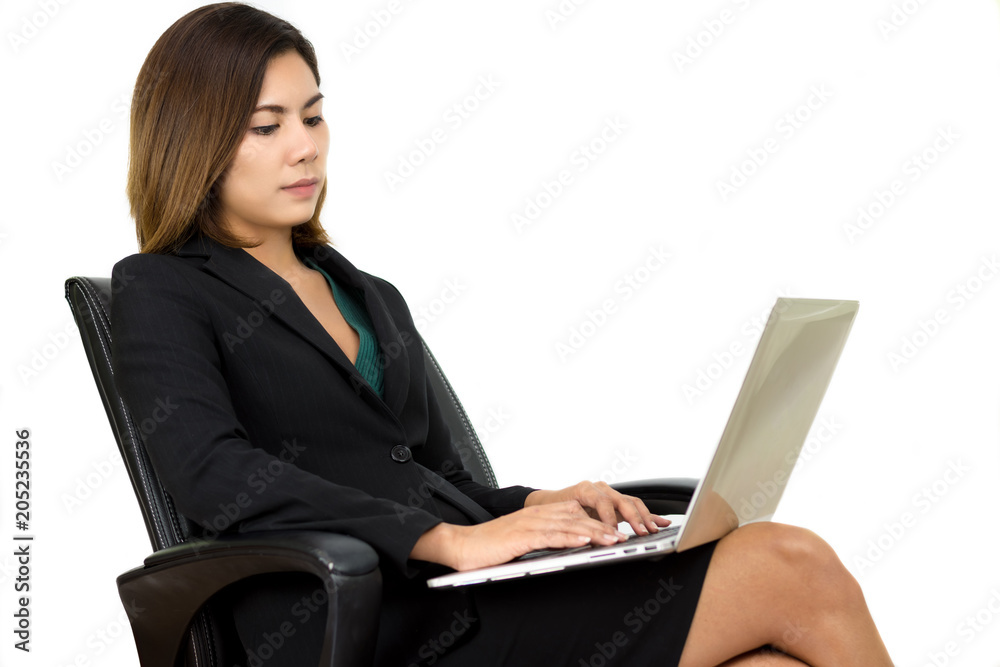 Businesswoman sitting on a laptop sitting on a chair over background is white. Businesswoman sitting on a laptop sitting on a chair over background is white.