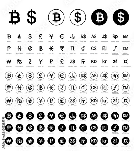 Currency, crypto currency all types of money symbols, coins, currencies rounded circle vector illustration line symbols set, collection photo