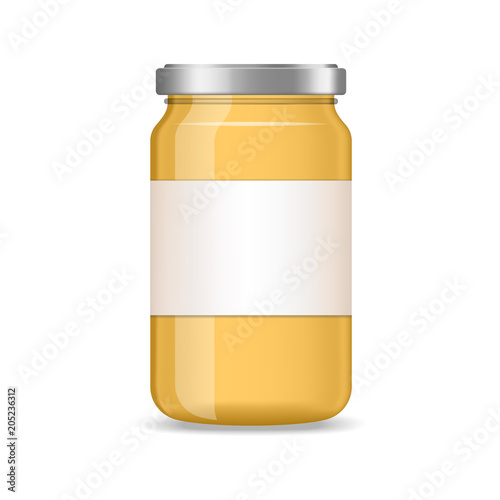 Realistic yellow jar of jam, juice with label vector mockup