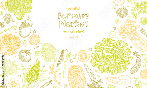 Vegetarian background with natural organic products. Hand drawn vector illustration. Organic vegetables food poster. Healthy food design template with vegetables. Great for design menu, recipes.