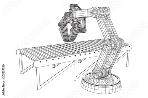 Robotic arm manufacture technology industry assembly mechanic hand and regular empty roller conveyor section wireframe low poly mesh vector illustration