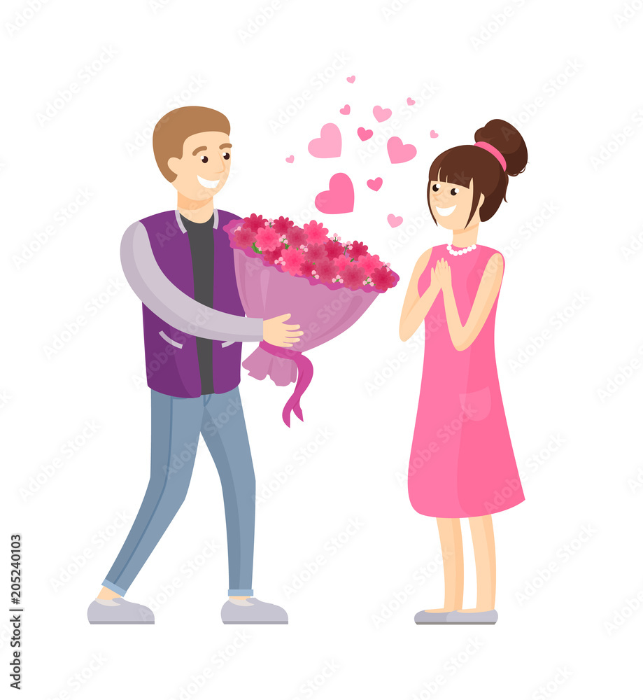 Man Presenting Luxury Bouquet of Flowers to Woman Man Presenting Luxury Bouquet of Flowers to Woman