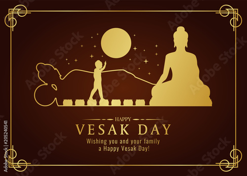 Happy vesak day card with Gold Buddha Nativity , Pour , nirvana sign and full moon time vector design