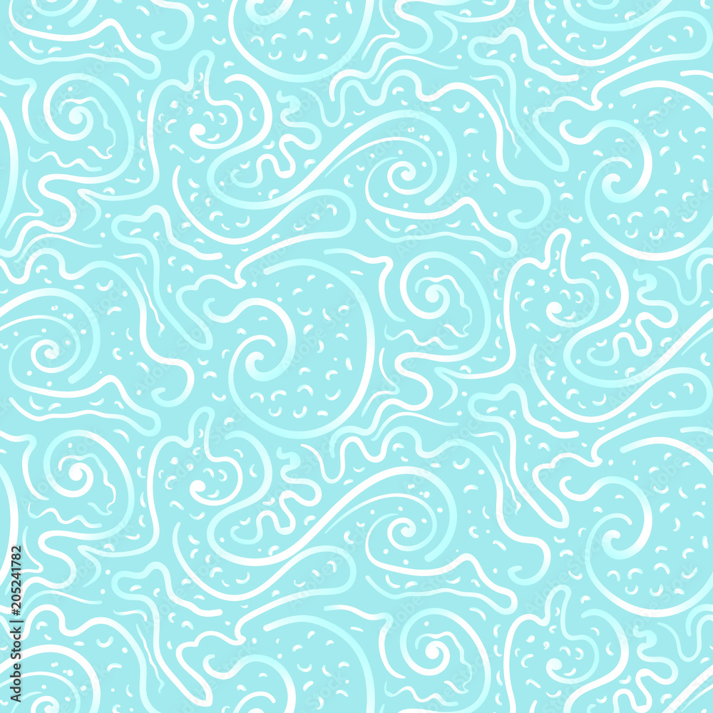 Abstract blue marine hand drawn swirls and lines seamless pattern. Naive sea and waves texture for textile, wrapping paper, cover, surface, background, wallpaper