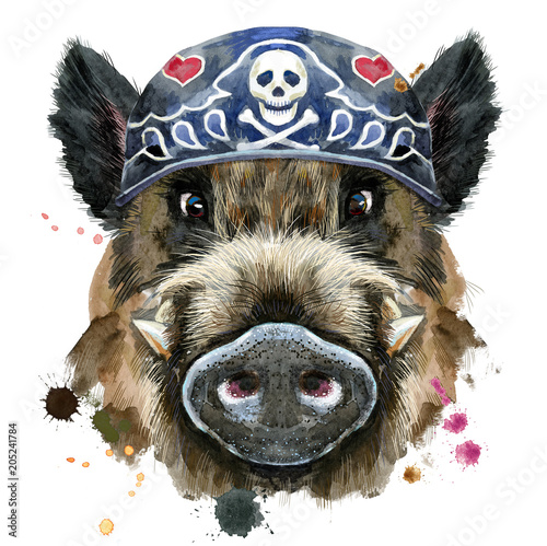 Watercolor portrait of wild boar wearing biker bandana photo