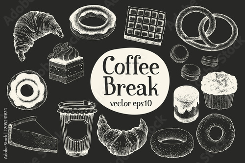 Coffee break. Dessert set. Vector hand drawn illustrations. Food vintage style. Can be use for bakery and cafe menu.