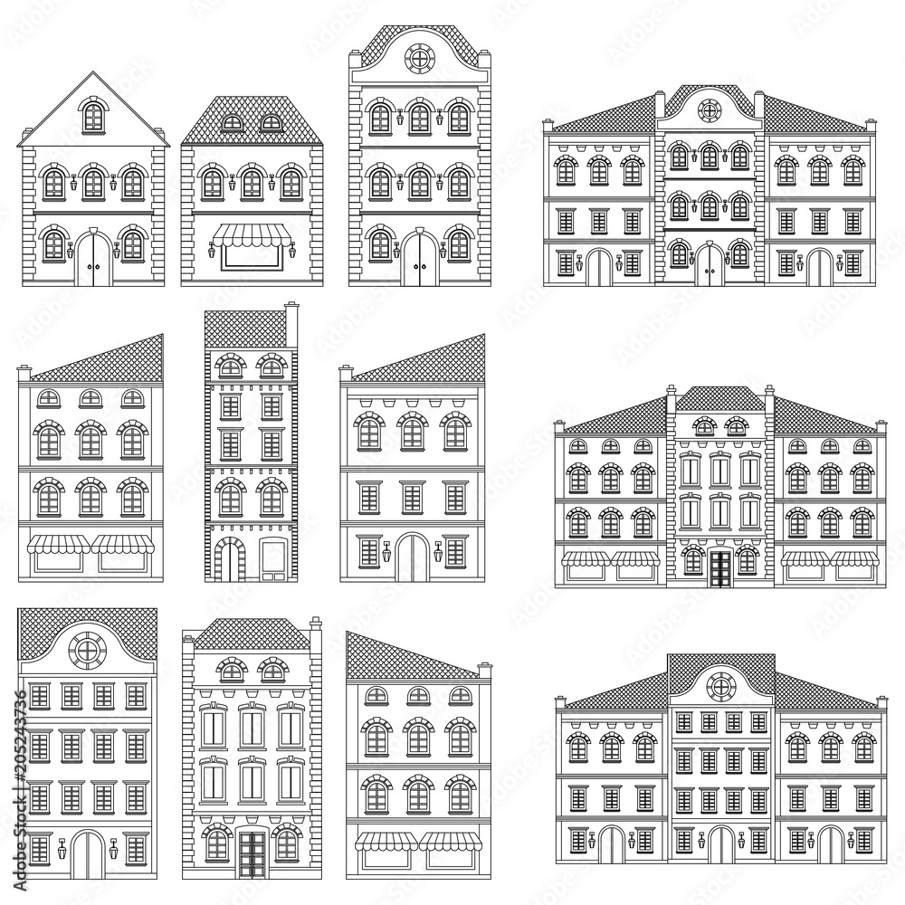 Houses. Collection of old european buildings. Outline drawing