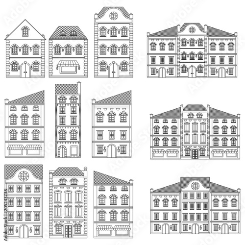 Houses. Collection of old european buildings. Outline drawing