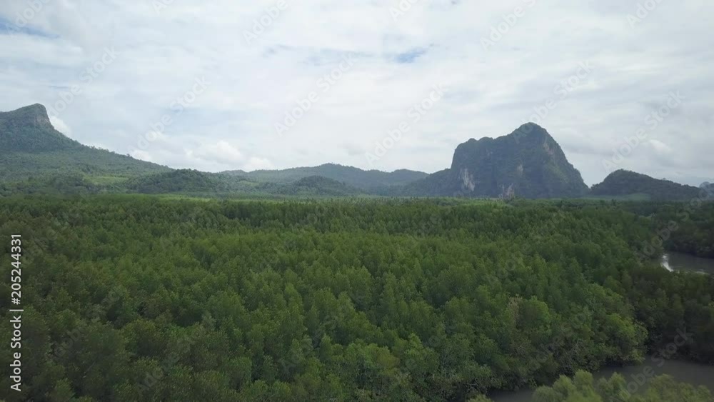 AERIAL: Flying over a pristine tropical rainforest and towards a distant crab farm hidden in remote location on sunny island. Awesome shot of untouched exotic greenery covering the tranquil landscape. AERIAL: Flying over a pristine tropical rainforest and towards a distant crab farm hidden in remote location on sunny island. Awesome shot of untouched exotic greenery covering the tranquil landscape.