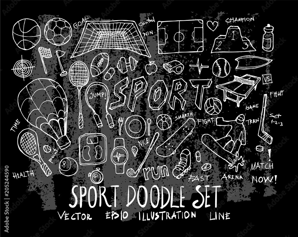 Hand drawn Sketch doodle vector line Sport element icon set on Chalkboard eps10 Hand drawn Sketch doodle vector line Sport element icon set on Chalkboard eps10