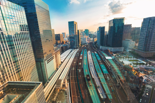 Photography Aerial view of Tokyo Station at sunset