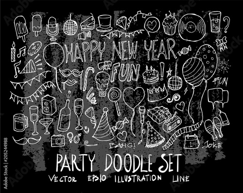 Hand drawn Sketch doodle vector line Party element icon set on Chalkboard eps10