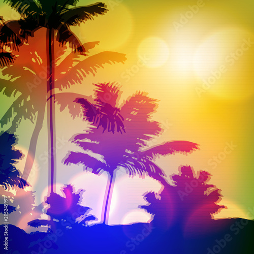 Sea sunset with island and palm trees. EPS10 vector. © hamara