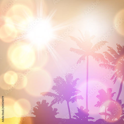 Sea sunset with island and palm trees. EPS10 vector.