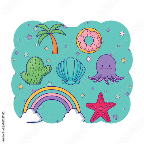 decorative frame with cute octopus and related icons pattern over white background, vector illustration