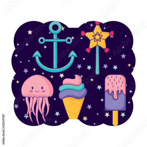 decorative frame with anchors and ice creams pattern over white background, vector illustration