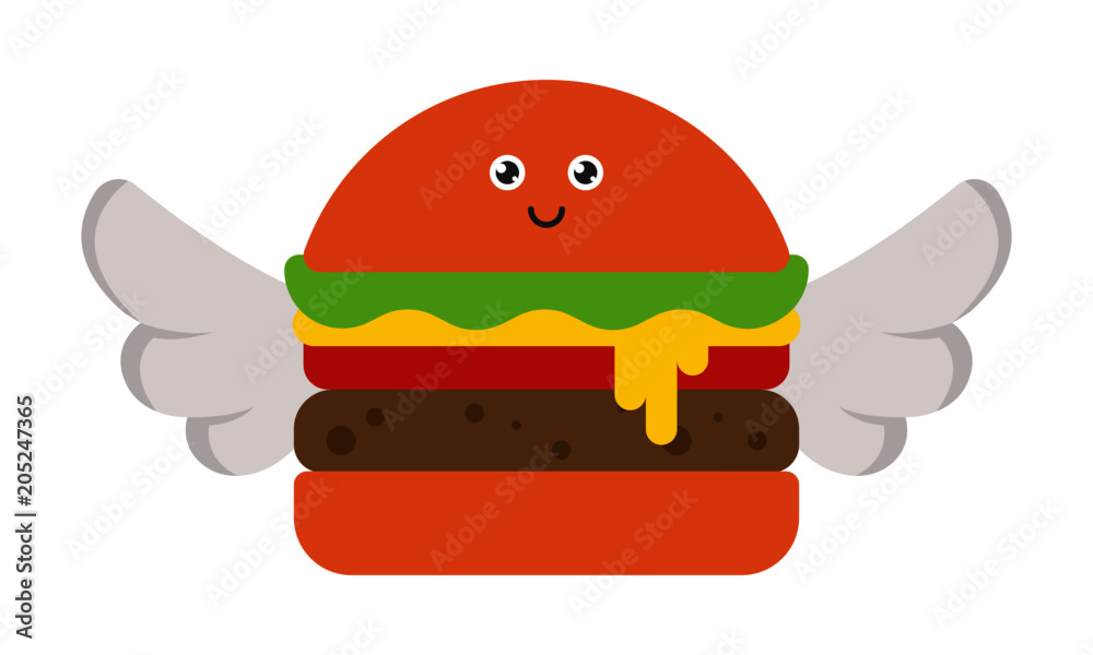 Vector illustration of Burger with Wings. Flying Food Concept. Burger Character Vector illustration of Burger with Wings. Flying Food Concept. Burger Character