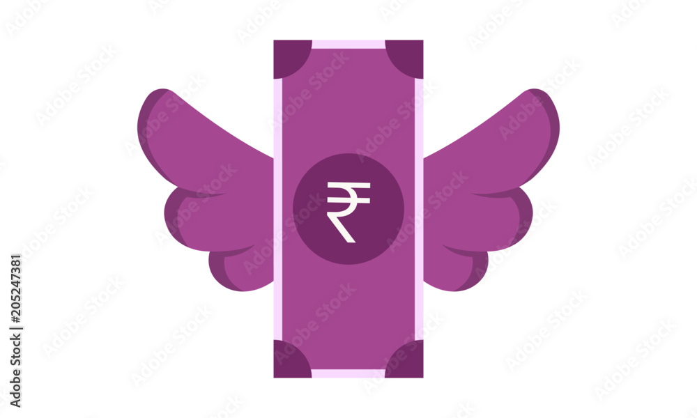 Vector illustration of Indian Rupee Currency Banknote Bill with Wings. Flying Money Concept. Vector illustration of Indian Rupee Currency Banknote Bill with Wings. Flying Money Concept.