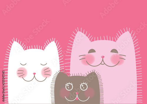 vector family of different cute cats on a pink background, emotional muzzles