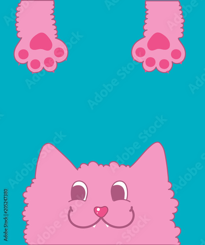 vector cunning pink cat pulls its paws, blue background, cat prankster